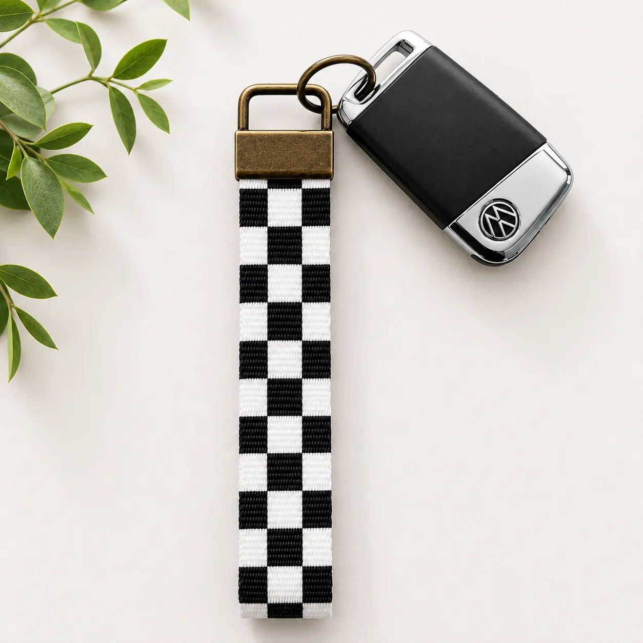 Black Checkered Key Fob Wristlet | Antique Brass Hardware