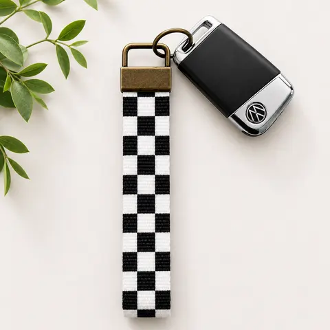 Black Checkered Key Fob Wristlet | Antique Brass Hardware