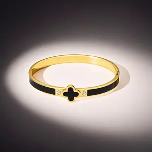 Stilson 18k Gold Plated Stainless Steel Four Leaf Clover Bangle for Women Non Tarnish Precision Polished Chunky Gold Adjustable Bracelet in Black White Pink Red Clover Jewelry Elegant Minimalist