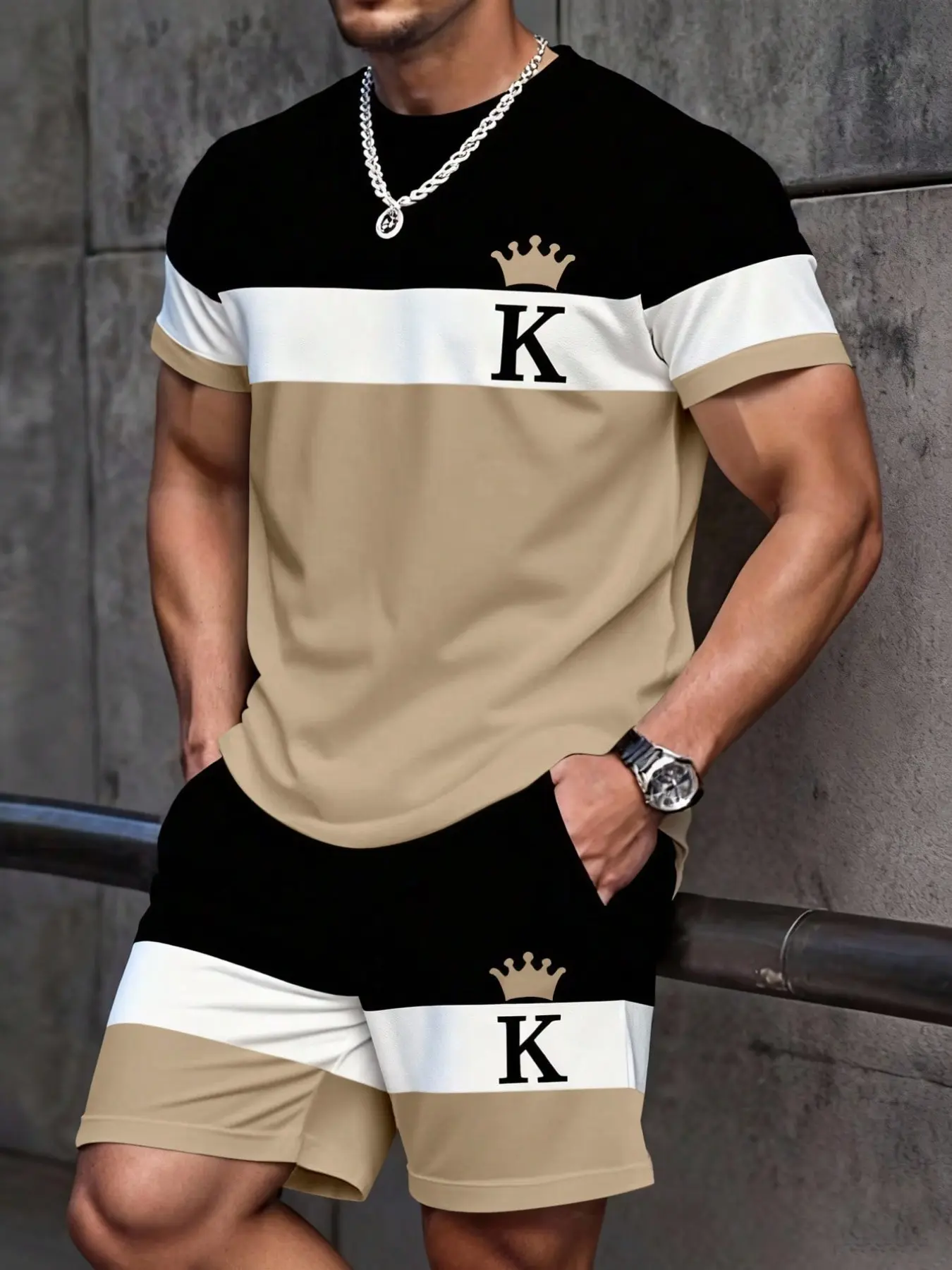 Summer Fashion Street Style Men's Set, Simple Colorblock Print Short Sleeve T-Shirt + Casual Elastic Waist Drawstring Shorts, 2 Piece Set Clothes, Menswear
