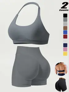 Three-Piece Quick-Dry Running Shorts Set, High Elasticity Ultra-Fine Matte Nylon, Adjustable Backless Seamless Sports Bra with Removable Pads