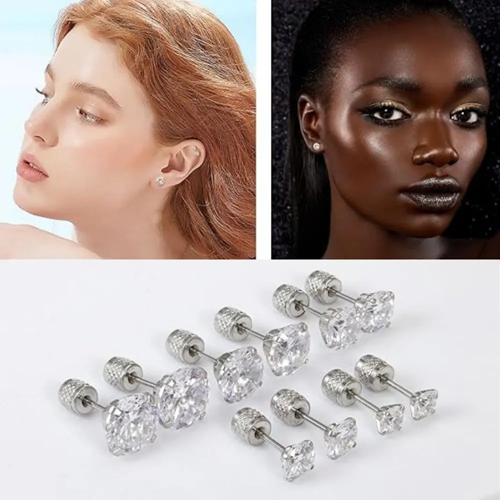 Set of 5 Pairs of Push-in Flat Bottom Earrings, Stainless Steel Cubic Zirconia Earring Set, Fashionable Cartilage Earrings for Women and Men