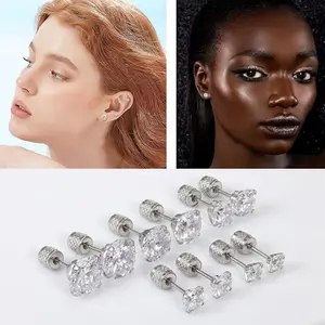 Set of 5 Pairs of Push-in Flat Bottom Earrings, Stainless Steel Cubic Zirconia Earring Set, Fashionable Cartilage Earrings for Women and Men