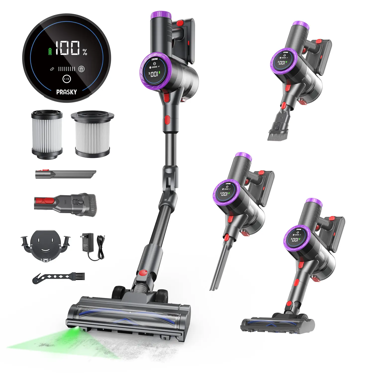 Prasky Bendable Cordless Vacuum Cleaner, 42Kpa Powerful Suction, 380W Powerful Brushless Motor, 8-in-1 Lightweight Handheld Vacuum Cleaner, up to 50-Minute, Removable Battery, For Pet Hair and Carpets, hard floor