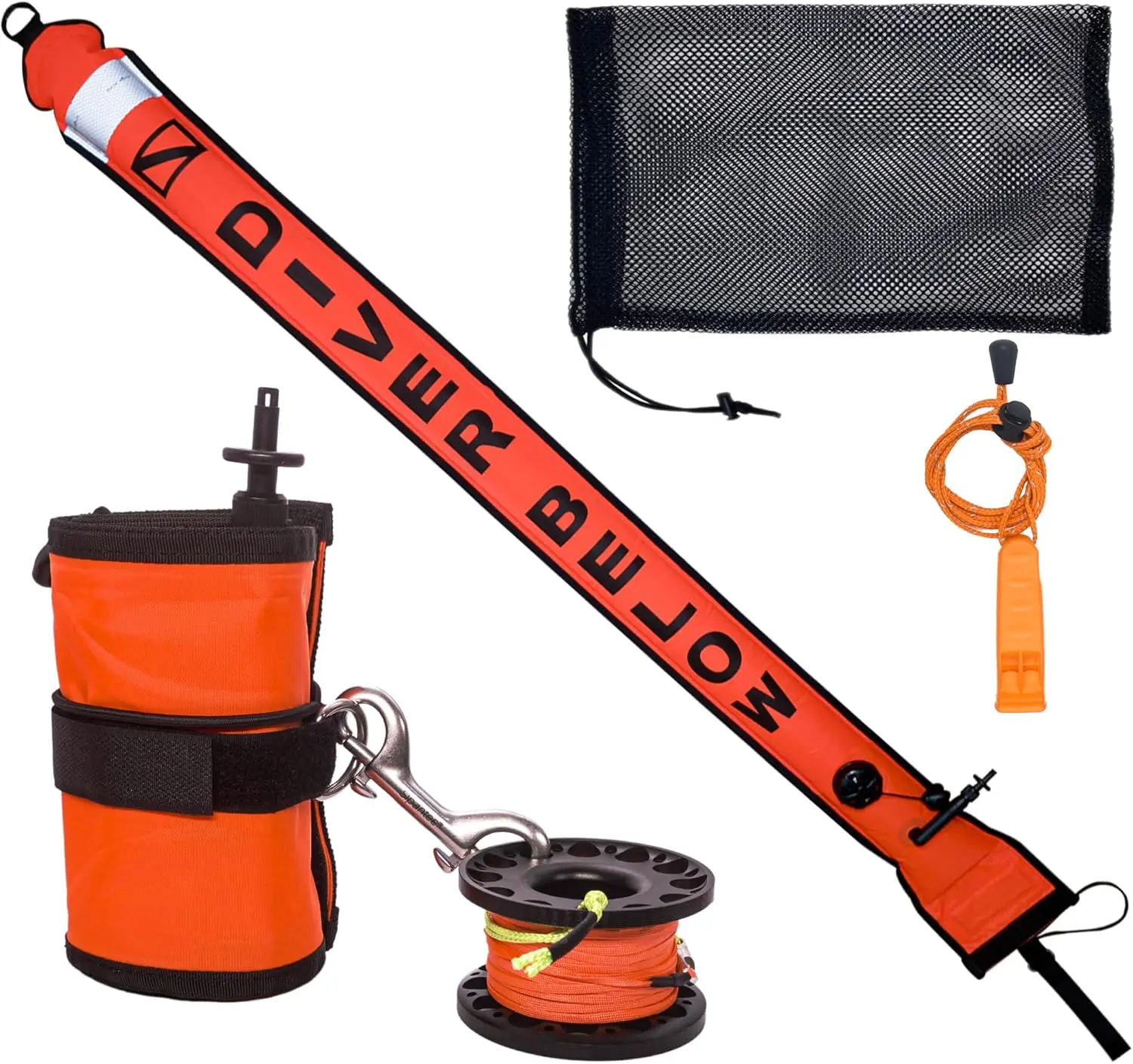 Scuba SMB with Reel Surface Marker Buoy Safety Sausage for Scuba Diving SMB 6ft DSMB Diver Below Signal Tube with Metal Finger Spool 98ft Dive Reel 316 Double End Hook,Whistle and Bag