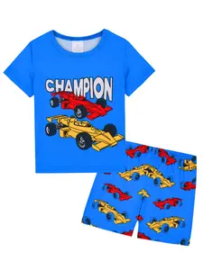 Boys' Summer Racing Print Pajama Set, Short Sleeve and Shorts, Casual Comfortable Sleepwear, Perfect for All Seasons