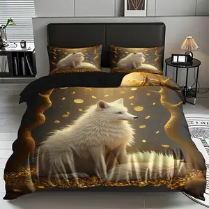 2/3 Pcs White Fox,Gold Coin Quilt Cover Set, Soft,breathable 100% Polyester Fiber,soft High-definition Digital Printing,suitable For All Year Round,suitable For Family, Machine Washable(1 Duvet Cover +1/2 Pillowcase,no Filling)