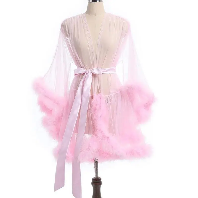 Women's Elegant Lace-Up Robe - Plush & Sheer Long Sleeve Loungewear Occasions