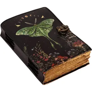 Blank Spell Book of Shadows Journal with Lock Clasp   Leather Luna  and Morpho Butterfly Print Diary Prayer Pagan  Supplies  Decor Notebook Daily (7X5 inch)