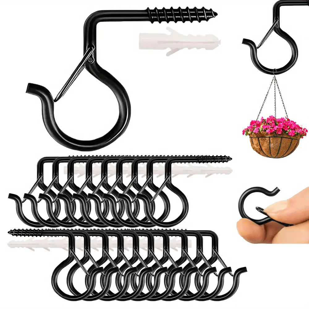 30pcs Heavy-Duty Metal Q Hooks with Safety Buckle Design - Multi-Purpose Wall-Mounted Hooks for Hanging Plants, Chandeliers, Birdhouses, Wind Chimes, Potted Plants - Black Contemporary Style, Plant Hanging Hooks, Chandelier Hooks, Durable Constructi