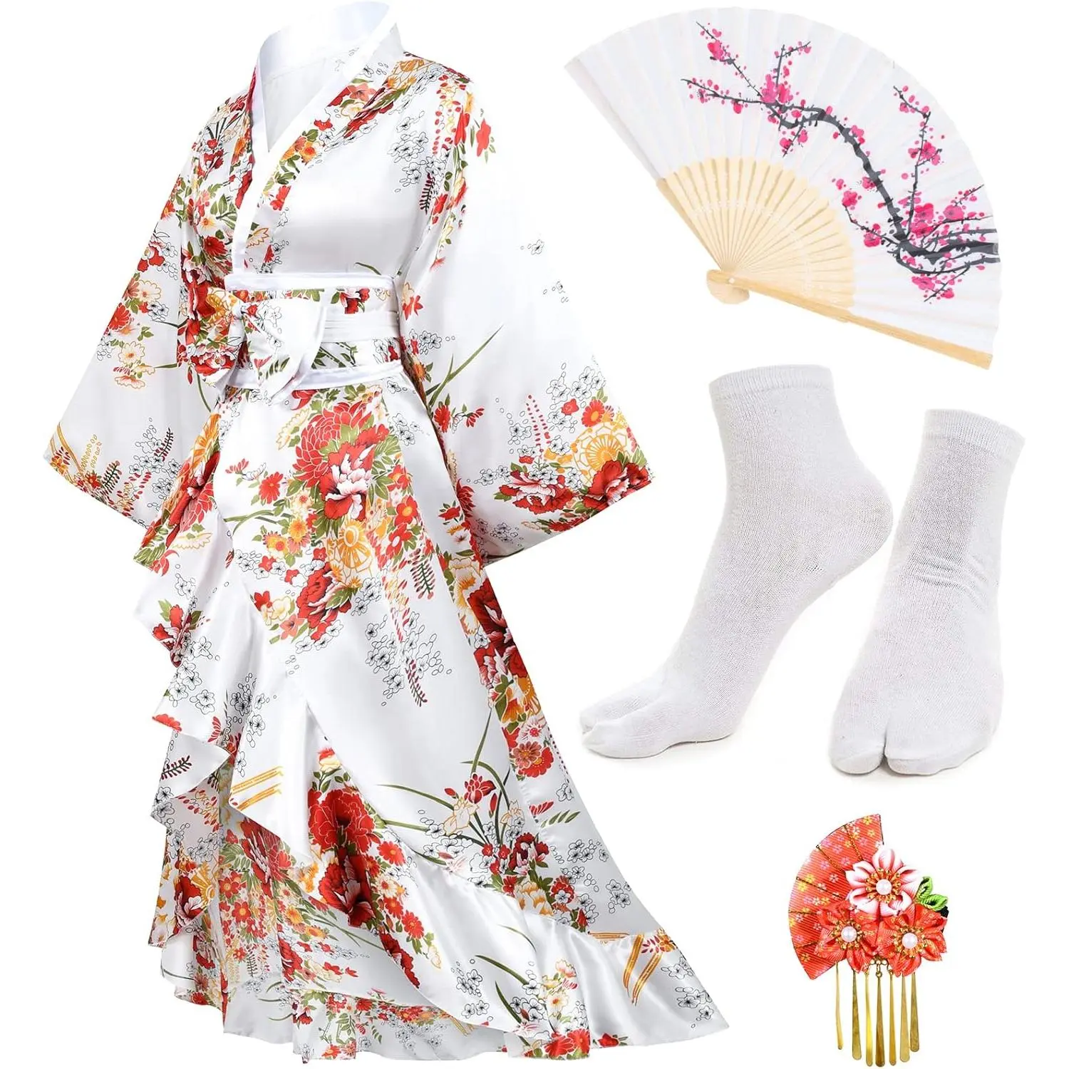 Women's Japanese Kimono Robe, Chic Geisha Cosplay Costume with Ruffle Skirt, Floral Print Satin Festival Clothes, 6-Piece Set with Fan & Socks, Accessories, Bathrobe, Wrap, Casual, Elegant, Party, Ruffles, Long, V-Neck, Knitting