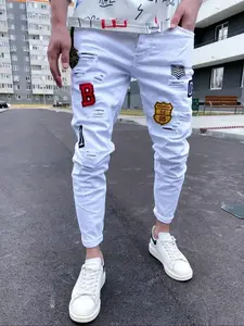 Men's Patched Ripped Hole Jeans, Casual Comfy Denim Regular Fit Pocket Design Pants for Daily Wear, Fashion Men's Bottoms for All Seasons, Jeans for Men, Cotton, Menswear