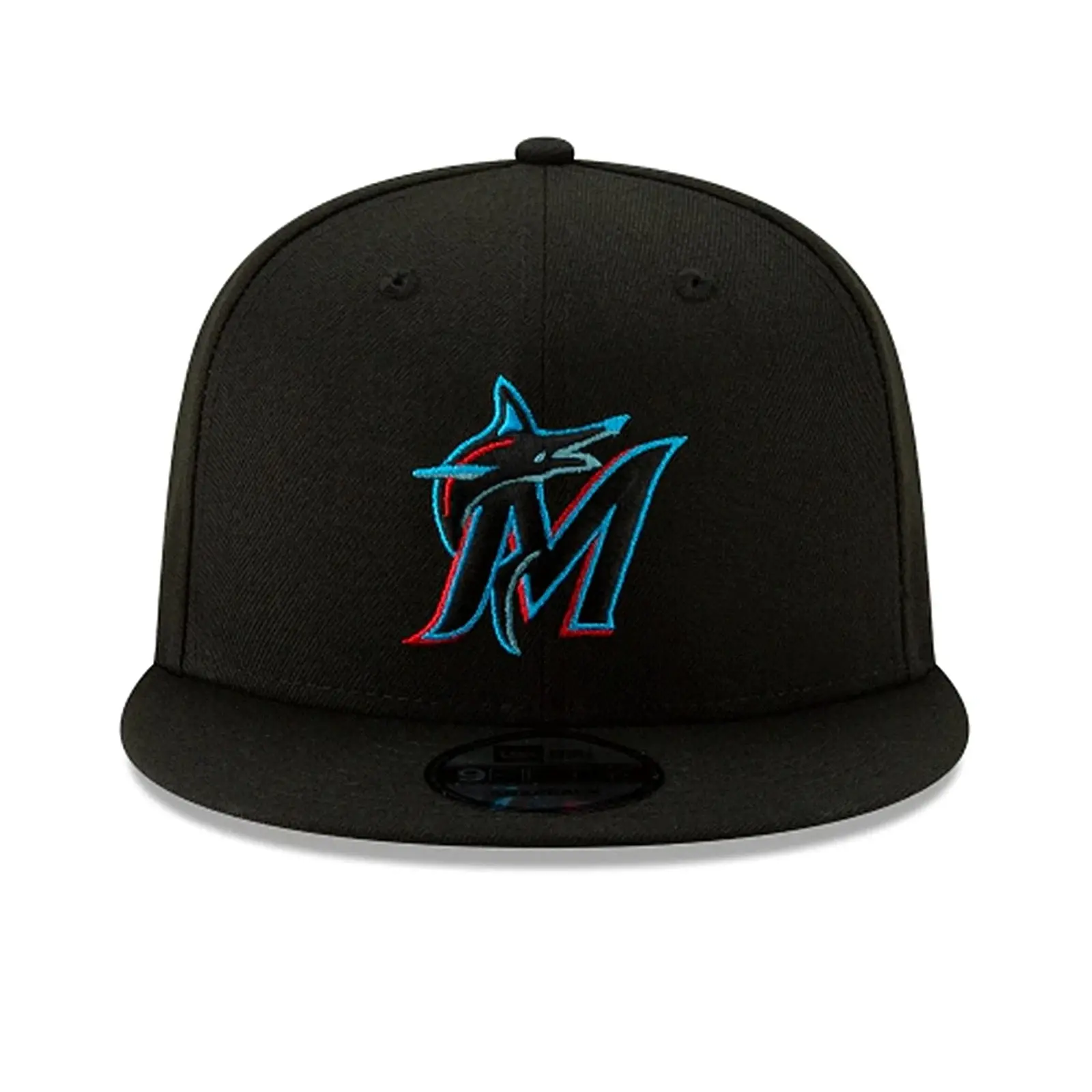 New Era Miami Marlins 9FIFTY baseball cap in black features a prominent blue and red team logo embroidered on the front
