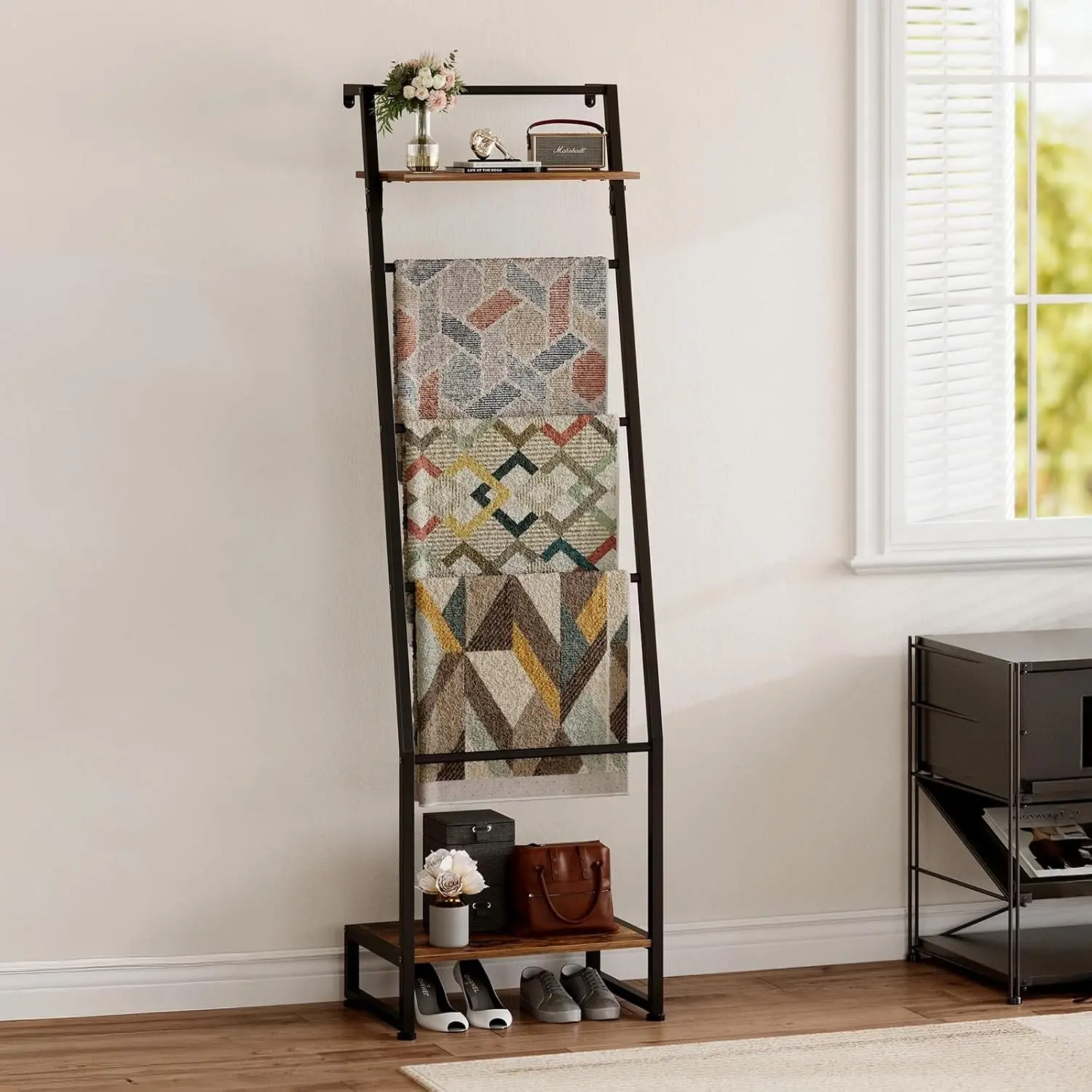 Nuoex Blanket Ladder with Shelf, 6 Layer Wall-Leaning Blanket Rack, Farmhouse Blanket Shelf for Storage and Home Decor, Freestanding Rack for Bathroom, Rustic Brown and Black