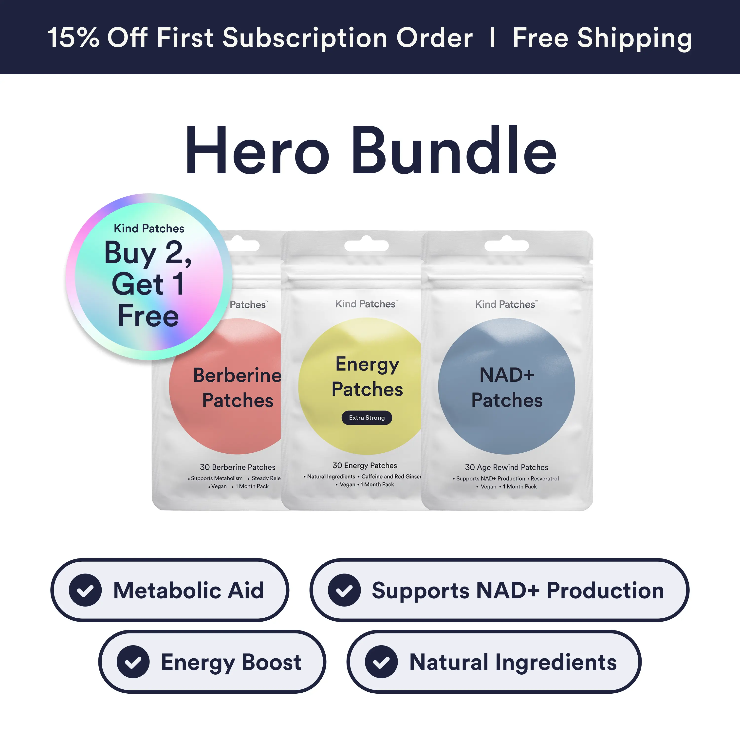 Kind Patches Hero Bundle, Berberine Patches + NAD+Patches + Energy Patches Extra Strong, 3 Months Supply, Metabolism, Healthy Aging, Energy