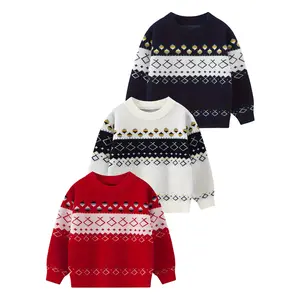 3-piece children's autumn and winter knitted fashion printed warm sweater children's winter college wind Joker daily children's sweater children's round neck knitted pullover children's clothing