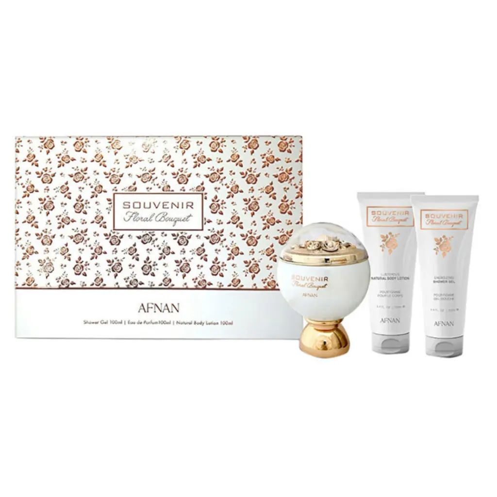 Afnan Souvenir Floral Bouquet EDP 3pcset - Rhubarb Litchi Bergamot Rose Peony Vanilla Lily-of-the-valley Musk Cashmere Wood Amber Fragrance