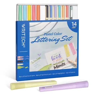 Writech 14-Pack Soft Color Fluorescent Pens, Multi-Color Lettering Brushes, Non-Fading Writing Pens, Diary & Journal Markers, Dual Tip Marker
