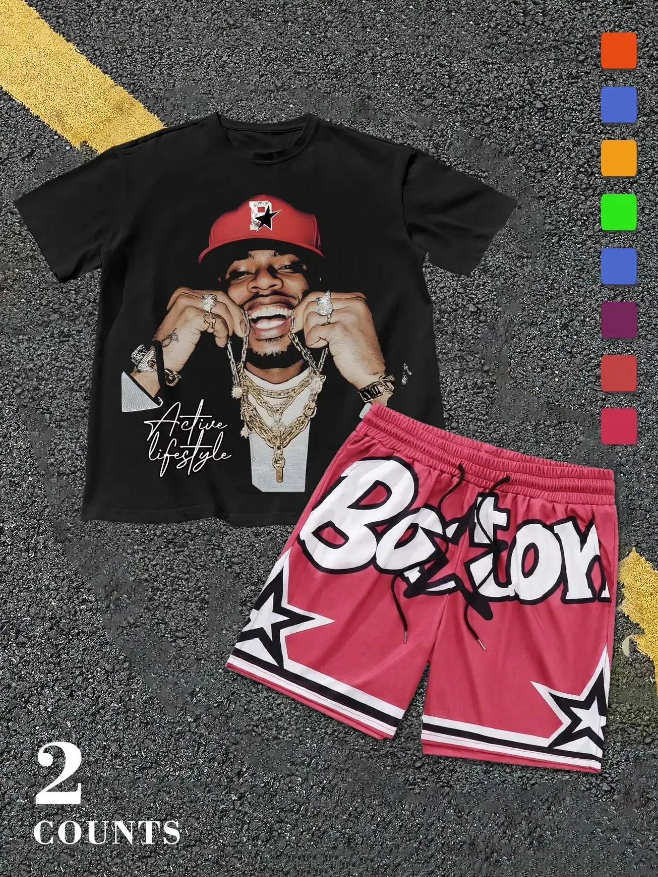 Men's Hip-Hop Style Portrait Print Short Sleeve Set, Outfit, Top, Casual Fitted Suit, Summer Breathable Streetwear, Teenager Fashion, Menswear