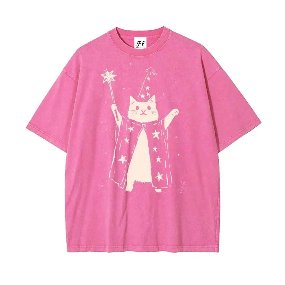 Wizard Cat with Star Wand Vintage S~XXXL Oversize Unisex Washed T-Shirt for Women and Men's Unisex Fit Batik Cotton Oversize Streetwear Menswear  Super Soft Pre-Shrunk