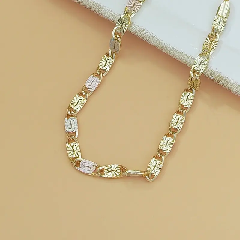 14K Gold Tri-Color Mariner Link Bracelet for Women – Polished Floral Engraved Three Tone Gold Chain Bracelet, Dainty Jewelry Gift for Her