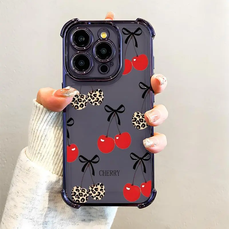Leopard-Print Bow Cherry Pattern Durable Phone Case - Electroplated Casing with Airbag Shockproof Slim Soft TPU Protection, Compatible with iPhone 11/12/13/14/15/16/17 Air Pro Promax Plus Smartphone Accessory
