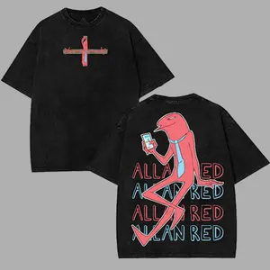 Smiling Friends Allan Red Unisex Washed shirt , Cartoon Double Printed Vintage Washed Tee Cotton T-shirt Fabric Menswear Top Collar