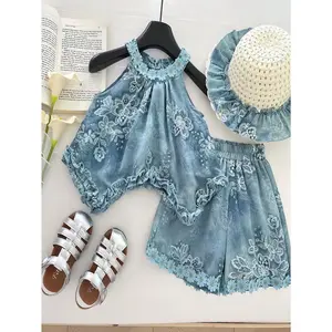 3-Piece Summer Girls Boho Floral Halter Top Shorts Hat Set 100% Cotton Beach Days Playdates 3-7 Years 5VM065WV29