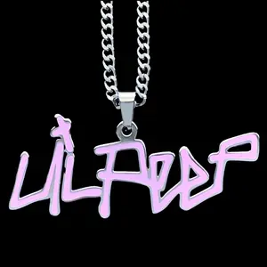 Pink Lil Peep Necklace 2" Mirror Polished Pendant Stainless Steel Laser Carved Enamel Chain Free Gift Included