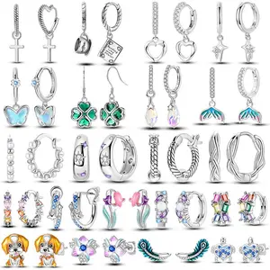 925 Silver Zirconia Round Hoop Earrings Colorful Feather Star Butterfly Earrings For Women Wedding Cute Ear Fine Jewelry Gift