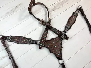 Dark Brown Basket Weave Tooled Gladiator Style Leather Tack Set