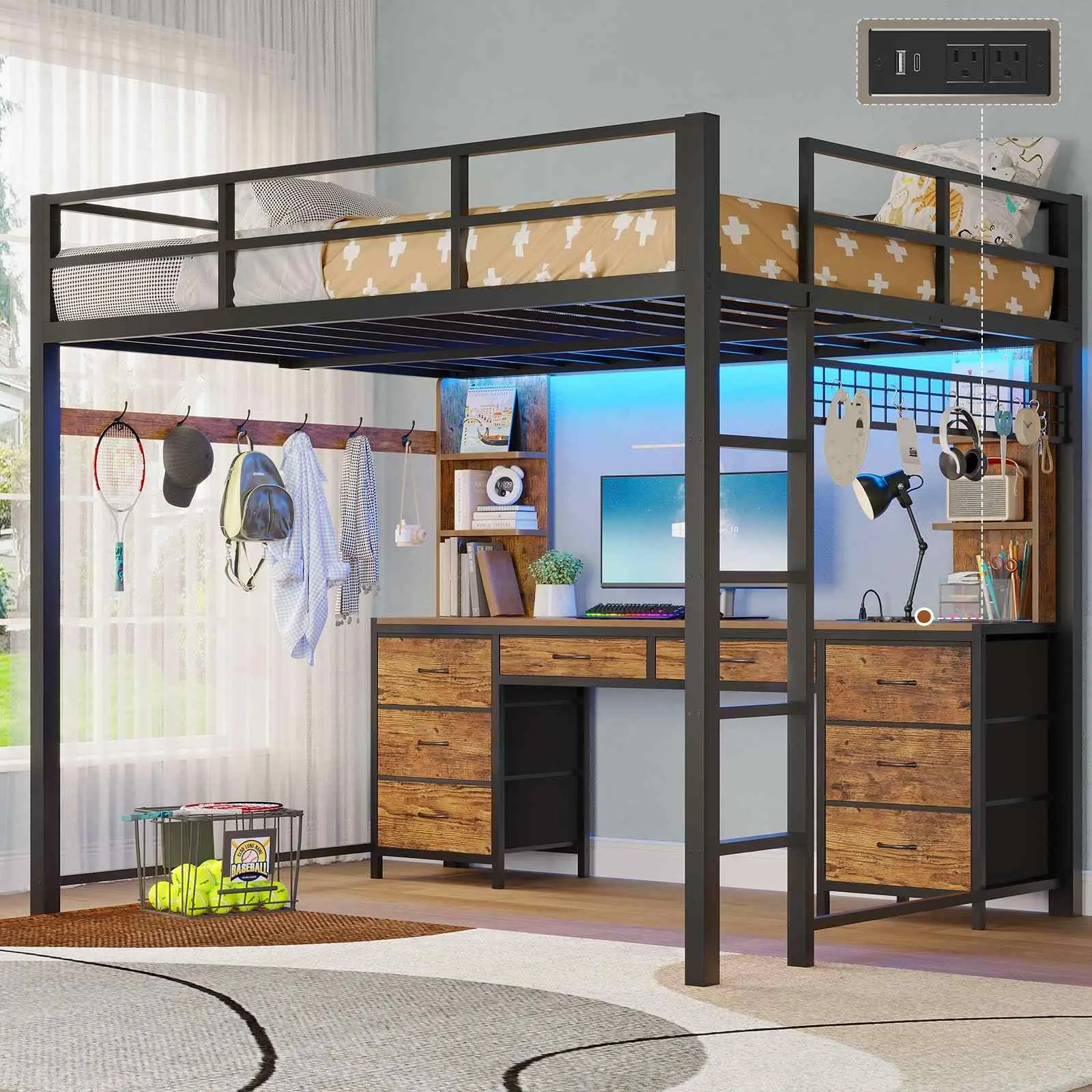SIKAIC Brown Metal Full Loft Bed Frame with Desk, 8-Drawer Storage, USB Port Charging Station & LED Lights for Teens, Modern Bedroom Bed Frames