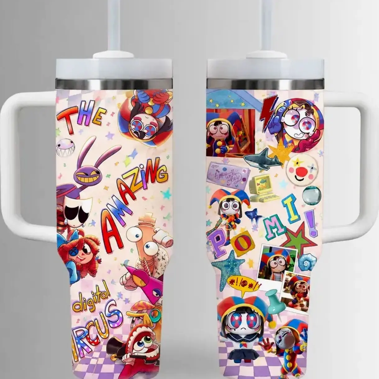 Amazing Digital Circus Inspired Tumbler – Cute Cartoon Character 20oz/30oz/40oz Stainless Steel Travel Mug with Handle, Insulated Fan Gift