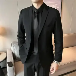 Men's Suit Korean Style Groom Wedding Formal Suit Slim Fit Groomsman Group Jacket Casual Professional Jacket Slim Casual Business Men's Suit Set blue men suit(Sheet)