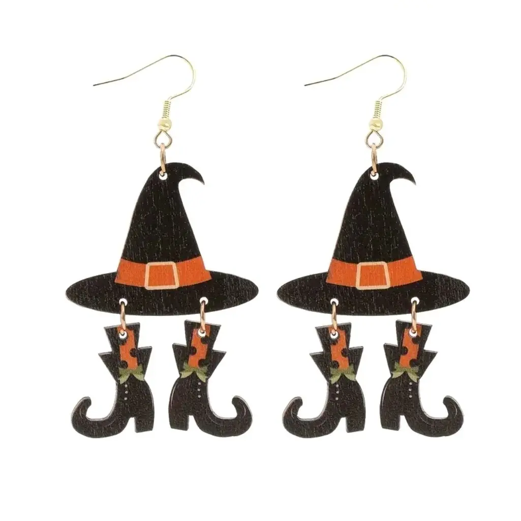 Wooden Witch Hook Earrings - Hypoallergenic, Eco-Friendly, Adorable Earrings for Halloween Parties