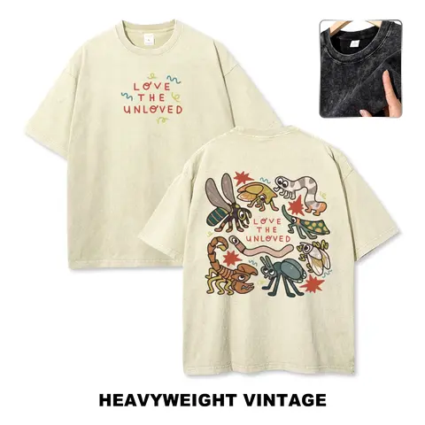 Men's Casual Vintage "Love The Unloved Insect" Cotton Graphic T-Shirt - Retro Washed High-Cotton Streetwear, Skin-Soft Print Fabric, Soft Oversized Round Neck Short-Sleeve Shirts, Slight Stretch, All Seasons, 1-2 Sizes Larger Recommended