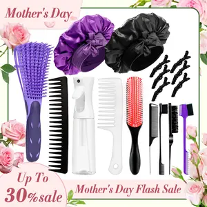 【Mother's Day】17 Counts Hair Brush Set for Women Men Kids Detangler Brush Wide Tooth Comb Nylon Bristle 9-Row Brush Satin Bonnet  Styling Tools Purple Love At First Find