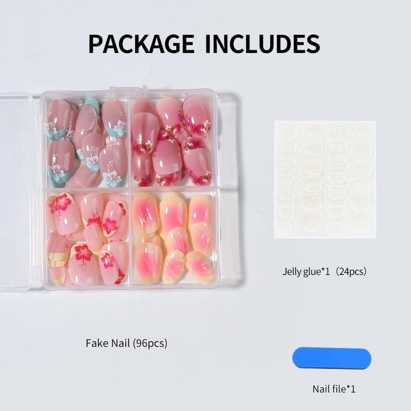 96pcs Short Oval False Nails, Acrylic Fake Nails, Multicolor Floral French Style, Y2K Acrylic Press-On Nails, Reusable for Women and Girls