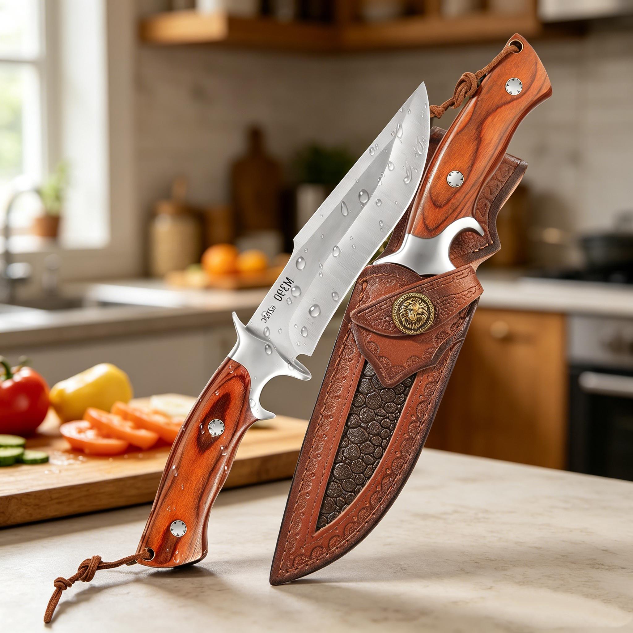 Premium Fruit Paring Knife with Genuine Leather Sheath, Stainless Steel Blade, Wood Handle for Kitchen & Outdoor