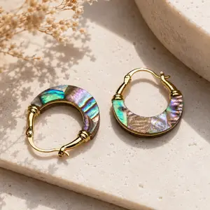 Gold Abalone Shell Huggie Hoop Earrings for Women, Non Tarnish Iridescent Ocean Shell Earrings, Dainty Minimal Everyday Jewelry, Gift for Her