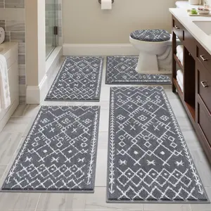 HEBE Rugs Sets 5 Piece, Soft Absorbent Microfiber Bath Mat for, Non Slip Washable Bath Rug Set with Cover, Bath Runner and U-Rug, Dark Grey