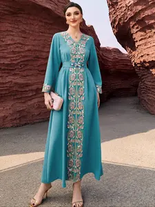 Women's V-Neck Fitted Long Sleeve Dress with Embroidered Lace Trim, Elegant Floral Design, Perfect for Casual & Formal Wear, Stylish Women's Clothing