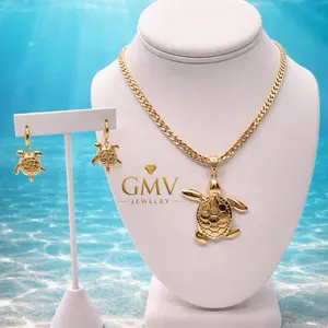 GMV Jewelry Marina Royal Set 18k Gold Plated Necklace & Earrings - Bold Cuban-Style Chain with Detailed Turtle Pendant - Coastal Luxurious Statement Piece