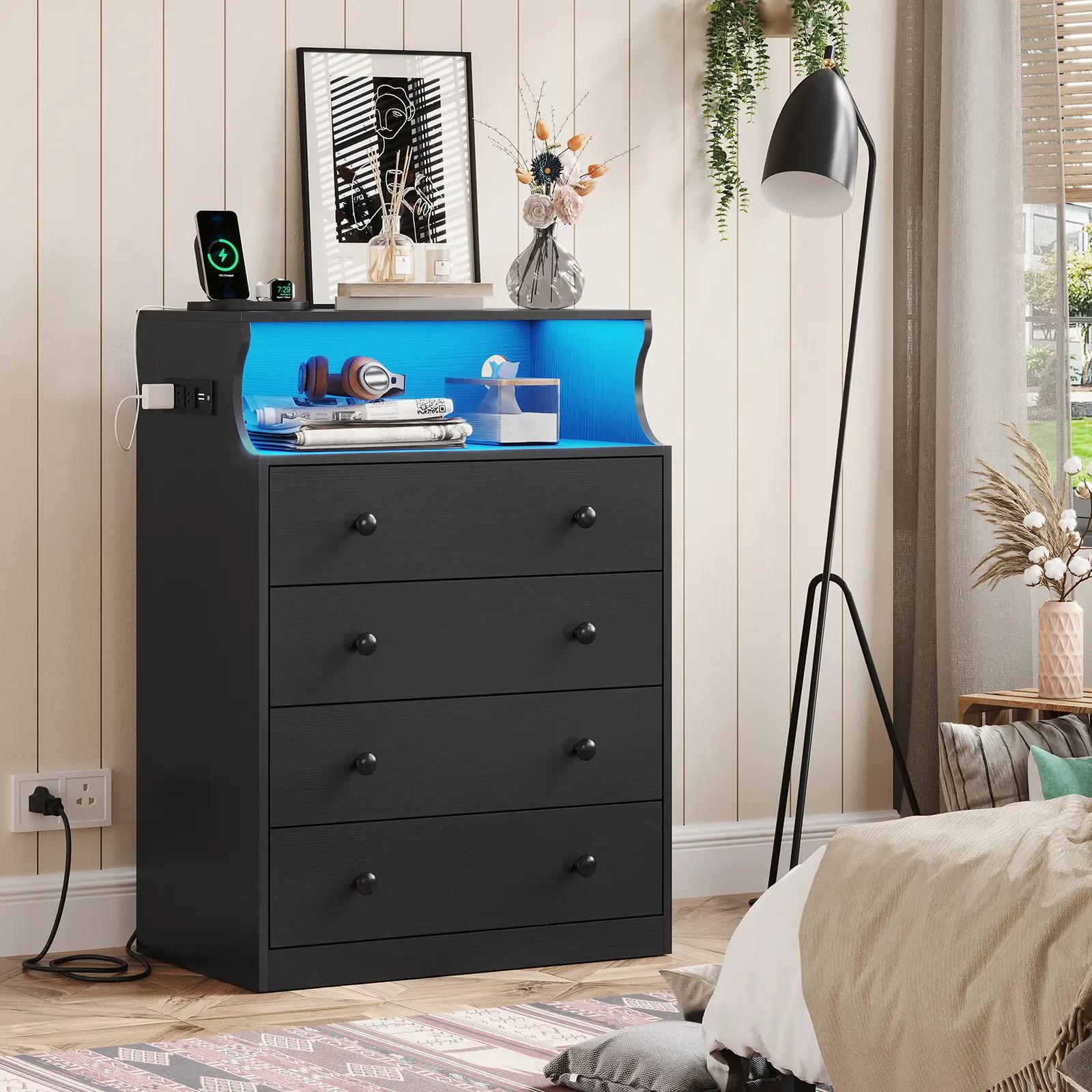 Hasuit Black Dresser with Charging Station, 4 Drawers LED Dresser for Bedroom, Chest of Drawers with Open Space, Large Capacity Tall Storage Cabinet, Black Dressers for Bedroom - TikTok Shop Hasuit Black Dresser with Charging Station, 4 Drawers LED Dresser for Bedroom, Chest of Drawers with Open Space, Large Capacity Tall Storage Cabinet, Black Dressers for Bedroom - TikTok Shop