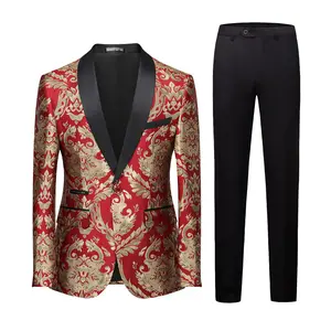 Men's 2 Piece Red Gold Jacquard Suits One Button Slim Fit Shawl Collar Party Prom Tuxedo