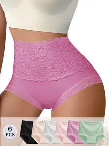 QUASTI 6 Pack Women's Breathable Cotton Underwear, High Waisted Tummy Control Panties, Elastic Lace Waistband Ladies Panties,Comfortable Soft Stretch Full Coverage Briefs of Womenswear for Everyday Wear