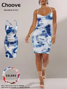 Women's Tie Dye Print Criss Cross Backless Spaghetti Strap Cami Dress, Elegant Ruched Sleeveless Tie Back Bodycon Milkmaid Dress for Summer Beach, Ladies Clothes for Holiday Vacation Dating