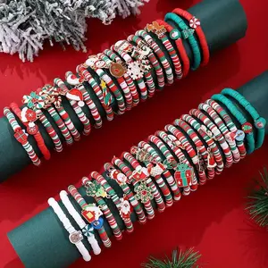 10/20Pcs Vintage Christmas Elastic Bracelets Set - Adorable Santa Claus Christmas Tree Reindeer Snowman Snowflake Pendant Adjustable Random Bracelets, Retro Winter Christmas Accessories for Xmas Celebration, Parties & Daily Wear, Ideal Gift