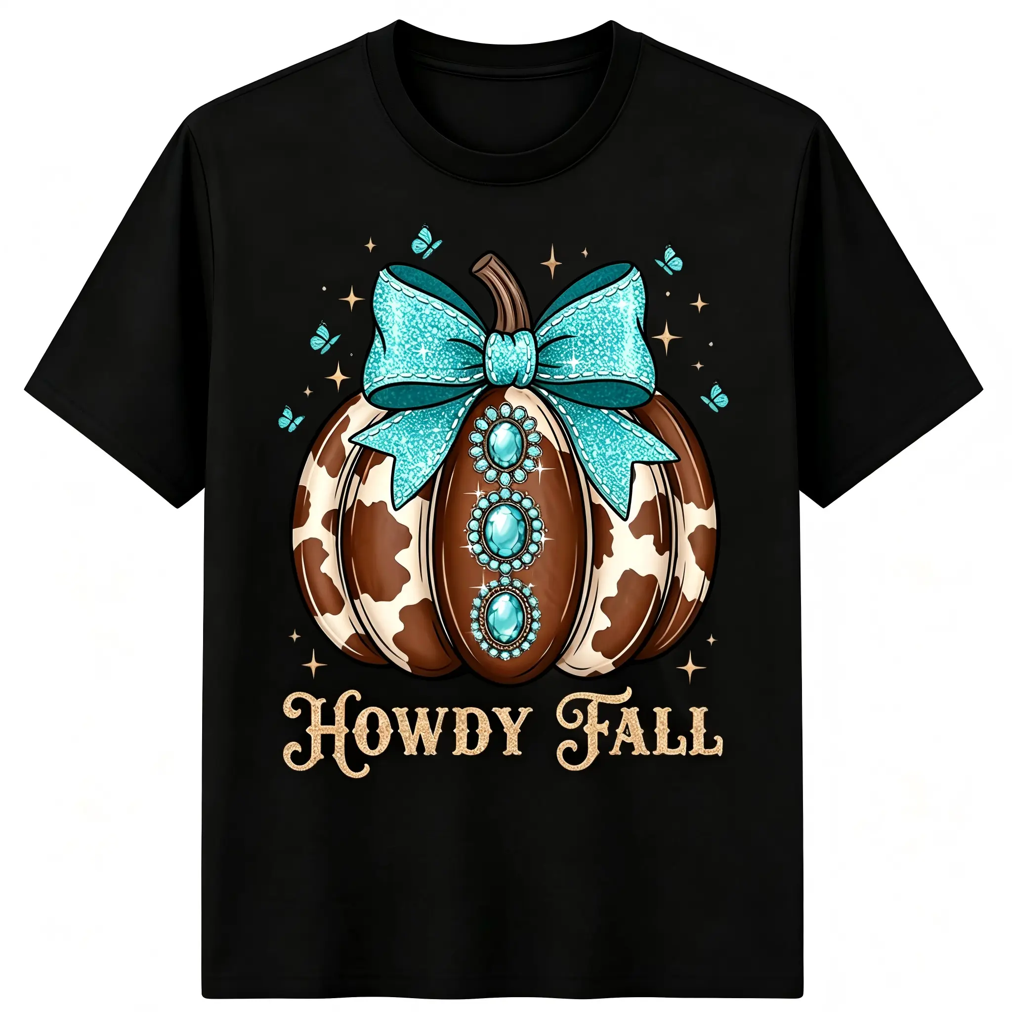 "Howdy Fall" Western T-Shirt for Men & Women, Cow Print Pumpkin Turquoise Bow Graphic, Sparkle Gem Butterfly Crew Neck, Breathable Cotton Tee, Autumn Western Look, Everyday Wear, Trendy Fall Top, Machine Washable