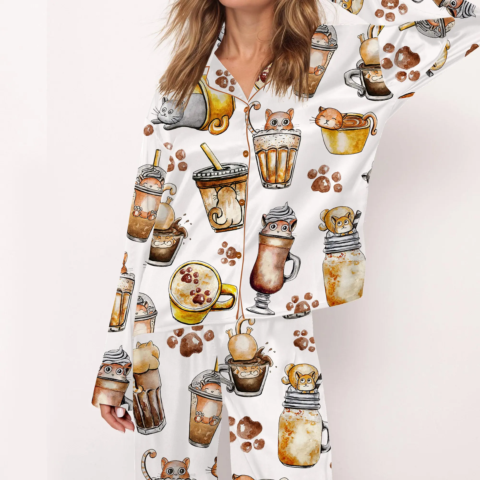 Coffee And Cats Satin Pajama Set For Women Print Comfy Satin Sleepwear & Loungewear Pjs Printing Silky Top & Bottoms - SHESHOW